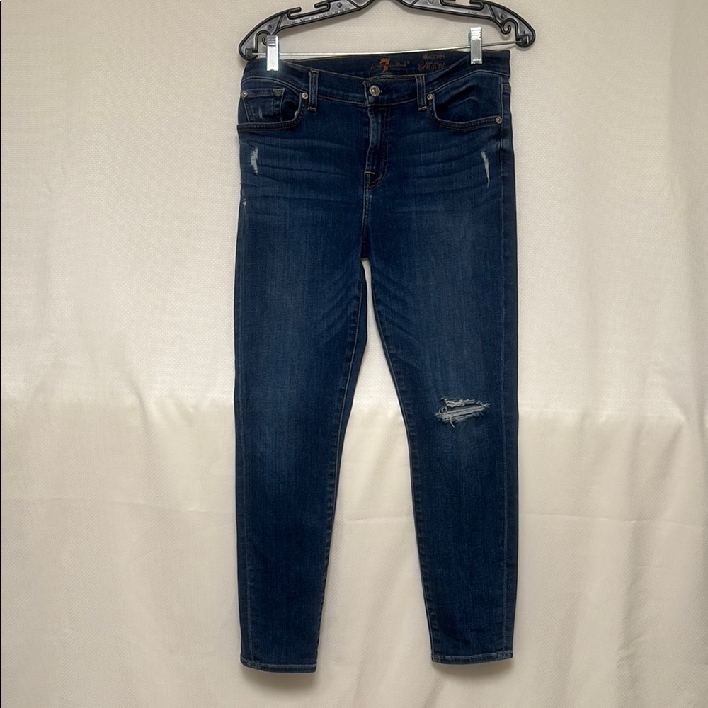7 For All Mankind Blue Skinny Jeans with Distressed Knee